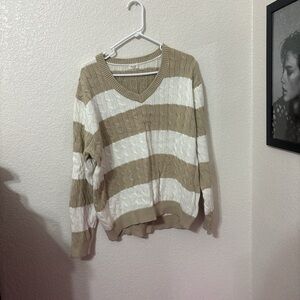 Brandy Melville Tan and White V-Neck Sweater